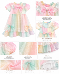 Elegante Vestido de Princesa para Niñas en Colores Pastel Arcoíris con Mangas Abullonadas, Adornos de Encaje y Lazos Decorativos para Fiestas de Cumpleaños - Product Image 5