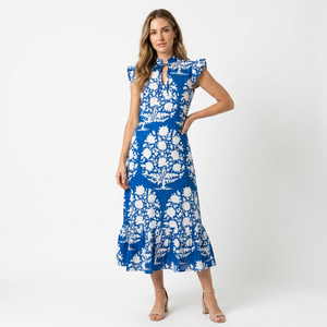 Robe longue en coton imprimé floral de Bohème fait à la main pour femmes, robe de mariage et de fête à col en V, robe en coton lavable de grande taille - Product Image 1