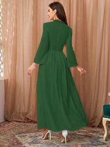 Robe de demoiselle d'honneur en mousseline unie à col en V et manches longues avec empiècements en dentelle, prête à porter pour femme - Product Image 2
