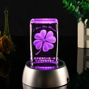 Mh-ft068 Led Light 3d Laser Leaf Crystal Cube Decoration Glass Cube With Light Base Paperweight