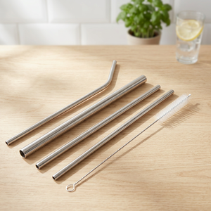 Stainless Steel <b>Drinking</b> <b>Straws</b> Set 4-Pack Reusable Bar Accessories Minimalist Design With Cleaning Brush - Product Image 2