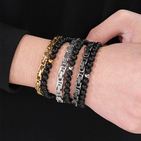 Bracelet en acier inoxydable double couche fait main, style rétro DIY, pour homme, chaîne impériale punk, agate, style géométrique, perles en titane