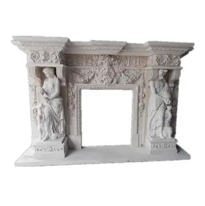 Large stone carved decoration interior fixed mantel beige limestone marble fireplace