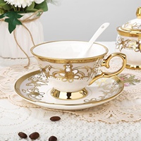 Service à thé vintage en céramique et porcelaine, 21 pièces, pour 6 personnes, avec sucrier, crémier, tasses et soucoupes, bordure dorée, écologique, personnalisable pour les fêtes