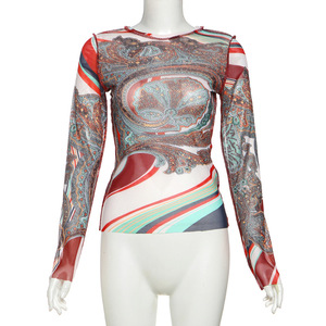 GHH7491-2024 Nuova T-shirt da <span class=keywords><strong>Donna</strong></span> Personalizzata con Stampa, <span class=keywords><strong>Collo</strong></span> Semi <span class=keywords><strong>Alto</strong></span>, Maniche Lunghe, in Rete, Aderente - Product Image 6