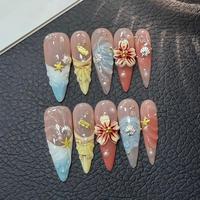 Ongles 3D inspirés de la dopamine, peints à la main, pointes longues et pointues, design coquillage sculpté, faits à la main, réutilisables