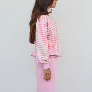 Trendy Fashionable Autumn Printed <b>Pink</b> Striped Mock Neck Knitted Polyester/Cotton Soft Fleece <b>Long</b> <b>Sleeve</b> Women's Retro - Product Image 3