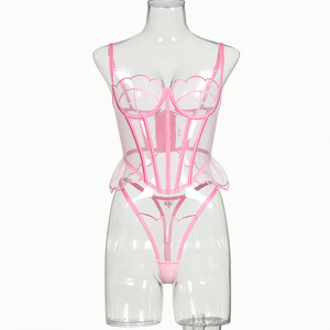 Conjuntos de sujetador y bragas sexis para ODM y OEM, conjuntos eróticos de malla Floral, lencería transparente Rosa sensual para chica bonita - Product Image 4