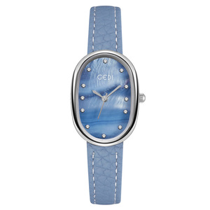 Reloj de Pulsera de Cuarzo para Mujer, con Esfera Azul Ovalada Plateada, Índices de Cristal, Correa de Cuero Azul Claro, Estilo Casual - Product Image 6