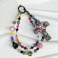 Breloque de téléphone colorée en cristal avec perles en forme de croix, sangle de téléphone double couche en strass, chaîne de téléphone tendance faite à la main, pendentif de sac, porte-clés