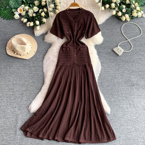 Elegante <span class=keywords><strong>Vestido</strong></span> Midi <span class=keywords><strong>de</strong></span> Punto Marrón, Manga Corta, Cierre <span class=keywords><strong>de</strong></span> Botones, Corte en A, Vestidos Casuales <span class=keywords><strong>de</strong></span> <span class=keywords><strong>Fiesta</strong></span> <span class=keywords><strong>para</strong></span> <span class=keywords><strong>Mujer</strong></span> - Product Image 1