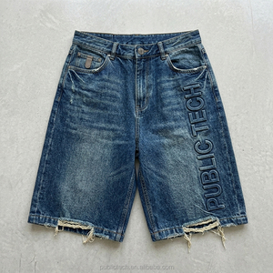 Pantalones Cortos Vaqueros Vintage de Alta Calidad con Logotipo 3D en Relieve, Bajo con Borde Deshilachado, Lavado a la Piedra, Fabricante de Ropa - Product Image 1