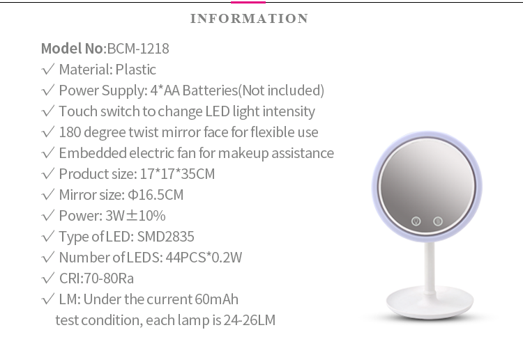 PRITECH integrado ventilador eléctrico y de 180 grados giro espejo de mesa de cosméticos espejo con luz