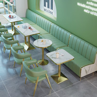 Canapé de restaurant moderne de luxe léger en PU vert personnalisé avec pieds dorés et chaises, table à manger en mélamine pour café fast-food, 2/4 places