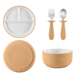 Juego de Vajilla Infantil Antideslizante de Silicona, Platos para Niños Pequeños con Cucharas y Tenedores, Plato de Porcelana Dividido con Ventosa, Juego de Tazón <span class=keywords><strong>BLW</strong></span> - Product Image 1