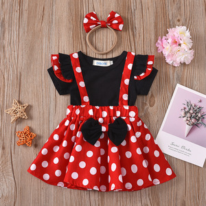Ensemble de 3 pièces pour filles, jupe à bretelles rouges à pois de dessin animé, été 2021, 0-3T, robe mignonne - Product Image 1
