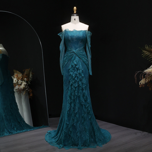 Abito da sera Sharon Said SF519 <span class=keywords><strong>nero</strong></span> in pizzo con spalle scoperte e <span class=keywords><strong>maniche</strong></span> <span class=keywords><strong>lunghe</strong></span> a sirena per donna, abito da ballo arabo per matrimonio - Esaurito - Product Image 2