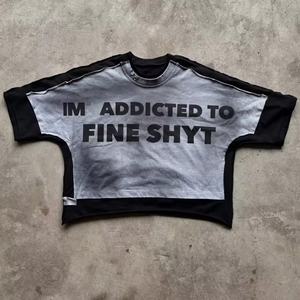 เสื้อยืดครอปทรงบ็อกซี่ แขนสั้น พิมพ์ลาย DTG แบบวินเทจ น้ำหนัก 280 กรัม สำหรับผู้ชาย ดีไซน์สองชั้นแบบแพทช์เวิร์ค ลุคทำเก่า ซักฟอกแบบดิสเทรส - Product Image 1