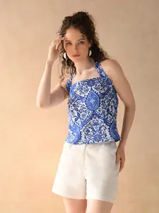 Top de verano con estampado de algodón tejido y cuello en V para mujer de Azure Breeze con función de secado rápido correas de amarre ajustables estilo ELEGANTE - Product Image 2