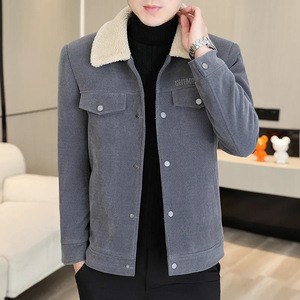 Veste à simple boutonnage pour <span class=keywords><strong>homme</strong></span> avec col en fourrure, doublure en polaire chaude pour l'automne et l'hiver, <span class=keywords><strong>blazer</strong></span> uni en <span class=keywords><strong>velours</strong></span> arctique pour hommes d'âge moyen - Product Image 3