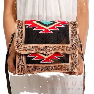 Women's Bohemian Hand <b>Tooled</b> 100% Genuine <b>Leather</b> Shoulder Bags With Geometric Embroidery Pattern Single Strap All Seasons Carry - Product Image 1