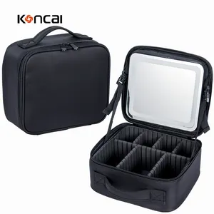 Koncai Travel Makeup Bag with LED Mirror Organizer Case with Adjustable Compartment