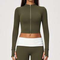 Veste de sport courte zippée pour femme, col montant, manches longues avec passe-pouce, coupe ajustée, pour yoga, fitness et entraînement, 5 couleurs disponibles