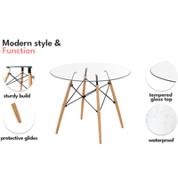 Table de restaurant moderne avec plateau en verre trempé rond pour 4 chaises, pieds en bois, salle à manger, cuisine, table à manger en verre transparent