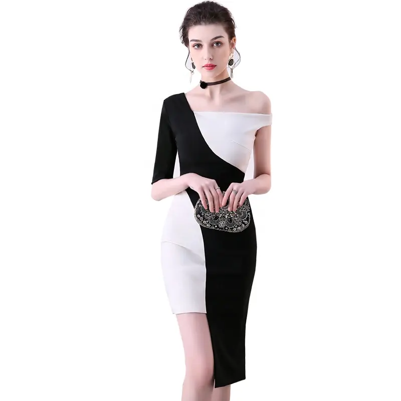 2022 Factory wholesale custom black and white patchwork v neck rib knit women knitted Mini Party Dresses