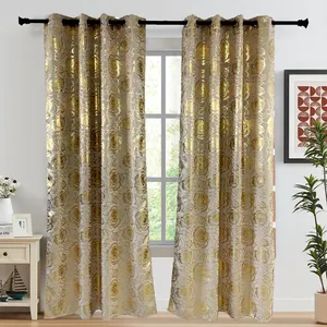 JA Wholesale 52*63IN Blackout Curtain Thermal Energy Saving Luxury Gold Foil Flower Print Drape For Bedroom Living Room Hotel