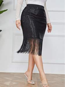 กระโปรงประดับเลื่อมแวววาวขนาดพลัสไซส์สำหรับผู้หญิงกระโปรงเอวสูงมีพู่ห้อยที่สะโพกเสื้อผ้าสำหรับงานเลี้ยงวันเกิดตอนเย็นสีดำ - Product Image 3