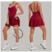 Robe de tennis plissée sexy à col en V pour femme QS69272 avec short intégré et doubles bretelles – Robe de sport fitness