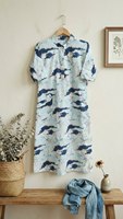 Vestido Túnica Casual para Mujer, Estampado Abstracto, Ecológico, con Botones, Cuello Alto, Manga Corta, Corte Regular, Nueva Colección 2026