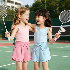 <b>Kids</b> Girls Yoga Solid-color Shorts with <b>Drawstring</b> Waist Custom Logo Breathable Solid Color Ruffle Hem OEM ODM - Product Image 1