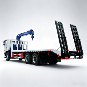 Construction Machinery Transport Flatbed Truck With Mounted Crane 6x4 Low <b>Bed</b> Truck With Rear Ramps For Excavator Delivery - Product Image 1