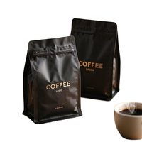 Sachet d'emballage pour grains de café noir mat personnalisé à fond plat avec valve et fermeture éclair, pochette autoportante en aluminium