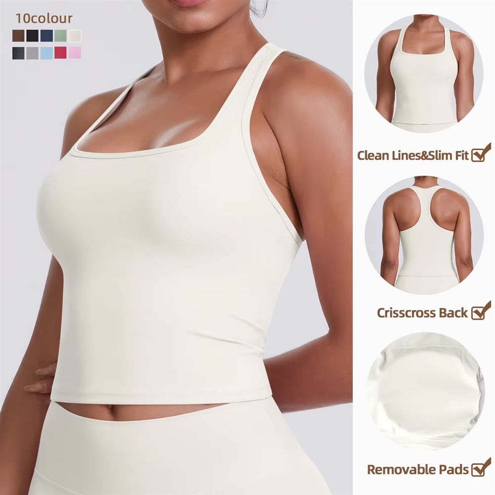 Women Solid Color Yoga Wear Quick-Dry Cooling Fabric I-Shape Sports Vest Workout Tank Top