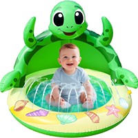 Piscine gonflable pour bébé avec tortue et requin, parasol, fontaine d'eau, balles océaniques et tapis de pulvérisation d'eau pour jeux aquatiques en extérieur