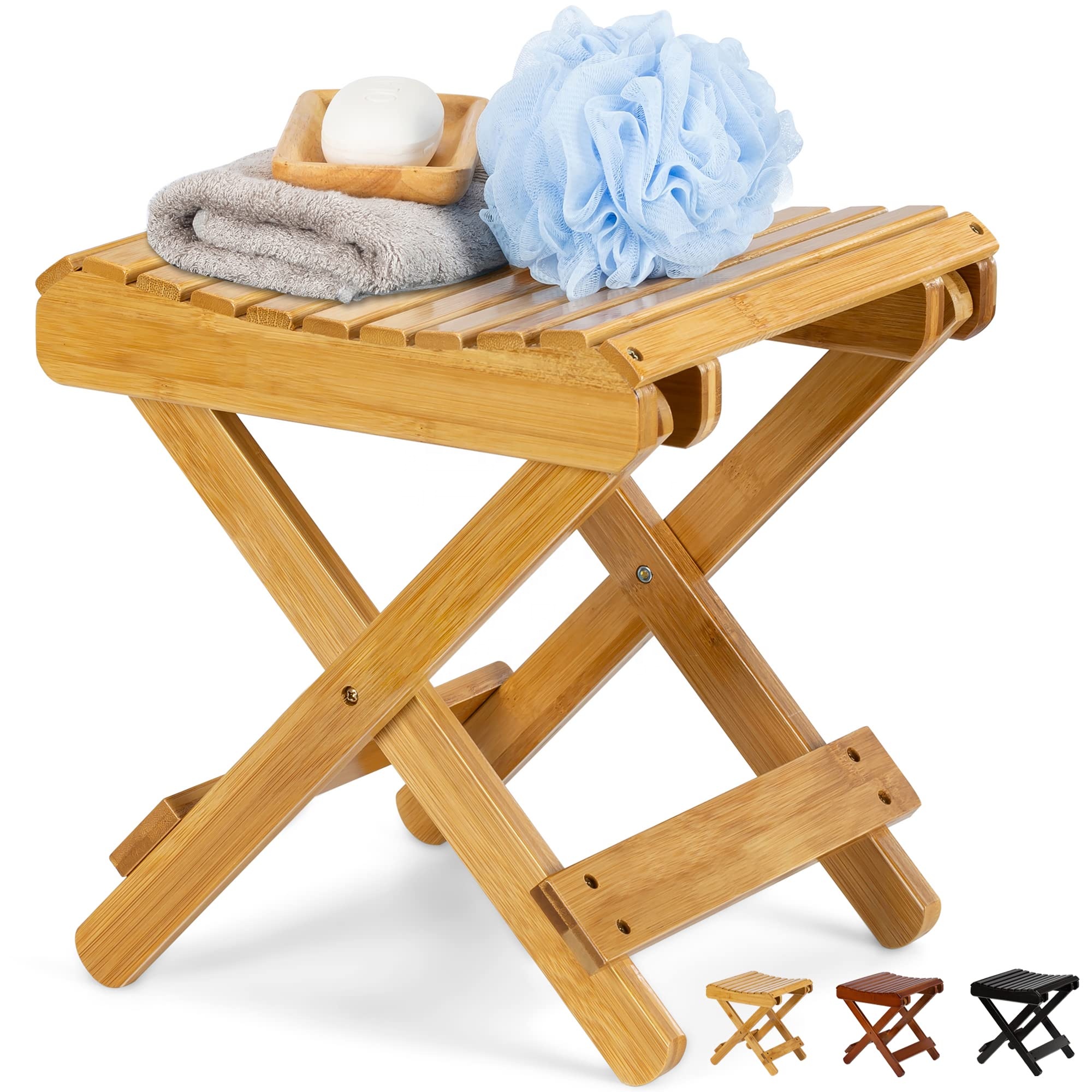 Durable Non-Slip Waterproof 2 tiers Solid Wood Portable Bamboo Folding Toilet Shower Chair Bathroom Bamboo Stool