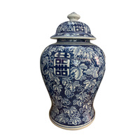 Style chinois Double bonheur grand pot de gingembre en céramique bleu blanc peint à la main Vase de sol en porcelaine urne décorative et ornements