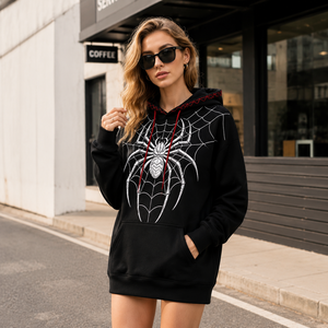 Sudadera con Capucha Estampada de Araña, 410GSM, Algodón Pesado, Capucha con Costuras Rojas, Sudadera Oversize Estilo Urbano, Sudadera Pesada - Product Image 1