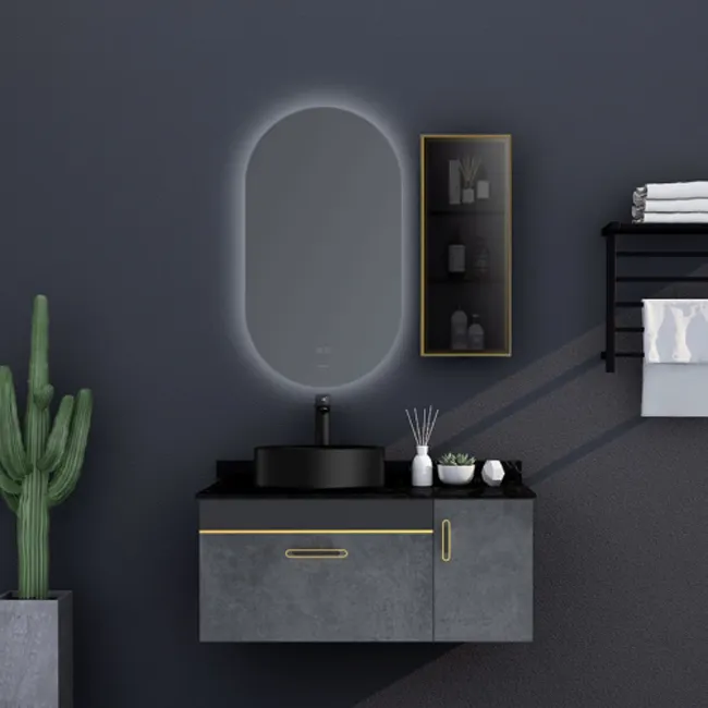 Huida New fashion compensato 1000 dimensioni armadio da bagno con superficie sospesa a specchio leggero in stile industriale