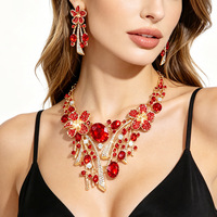 Parure de bijoux de mariée glamour et scintillante dorée, collier et boucles d'oreilles avec breloque florale en zircon cubique couleur rubis, cadeau pour femme