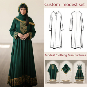 <span class=keywords><strong>Set</strong></span> Abaya Musulmano Modesto Elegante Classico Personalizzato Verde Chiaro a Maniche Lunghe per Donna Produzione all'Ingrosso - Product Image 4