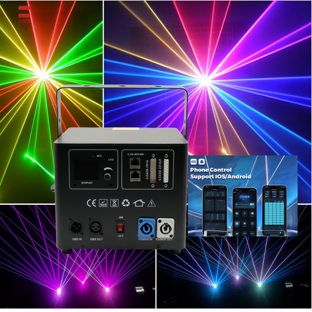 RGB Stage Laser 10W IOS Android APP ILDA Sound DMX512 Control 3D TEXT Pattern Logo Animation Laser Projector for Live Show Event