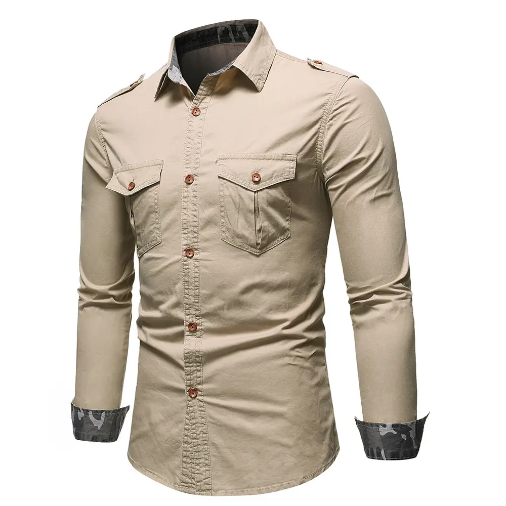 Mens Long-Sleeve single yarn drill Wrin and Wrinkle-Resistant Two pocket custom button up work shirts