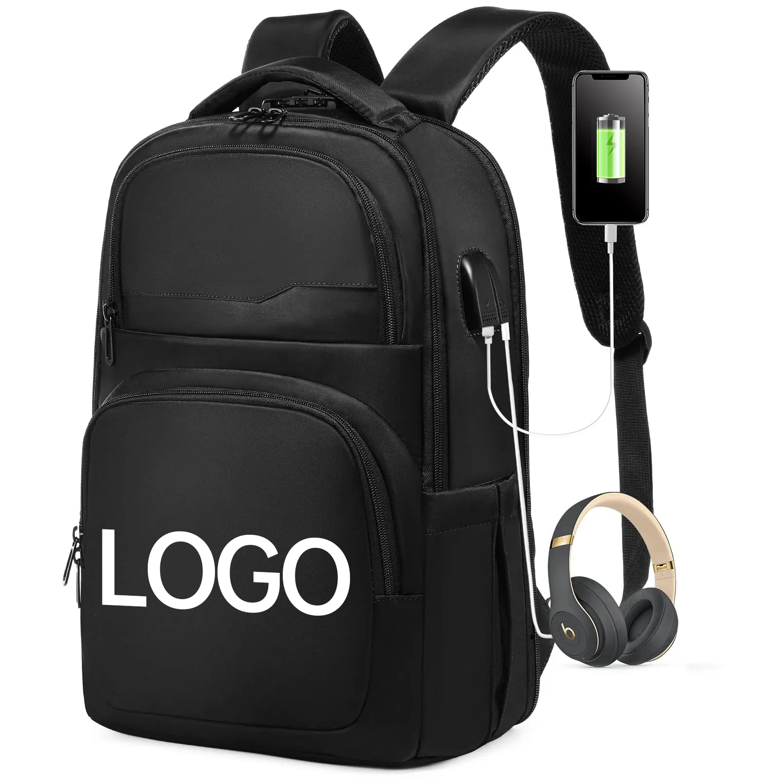 Grosir kustom logo water proof smart travel bagpack nilon portabel laptop ransel tas sekolah dengan usb pengisian