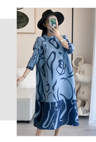 Robe plissée sur mesure style Miyake pour femme, élégante, imprimé graffiti, manches 3/4, longueur midi, tenue de fabricant