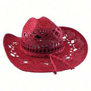 Chapeau de soleil en paille ajouré pour femme et fille, style vacances, avec ceinture tressée, modèle cowboy rouge tendance - Product Image 4