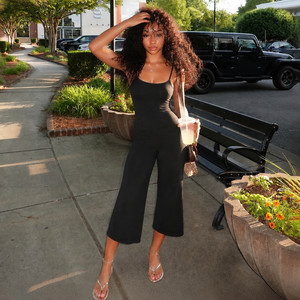 Women’s Black Spaghetti Strap <b>Jumpsuit</b> Slim Fit Sleeveless Wide Leg Cropped Pants Casual Stretch Romper Summer <b>Lounge</b> Outfit - Product Image 3